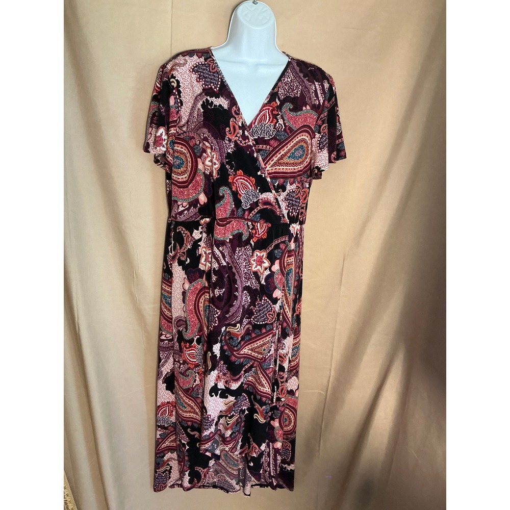 Elie McCarthy Paisley Faux Wrap Dress Women XL Burgundy Multi High Low Excellent
